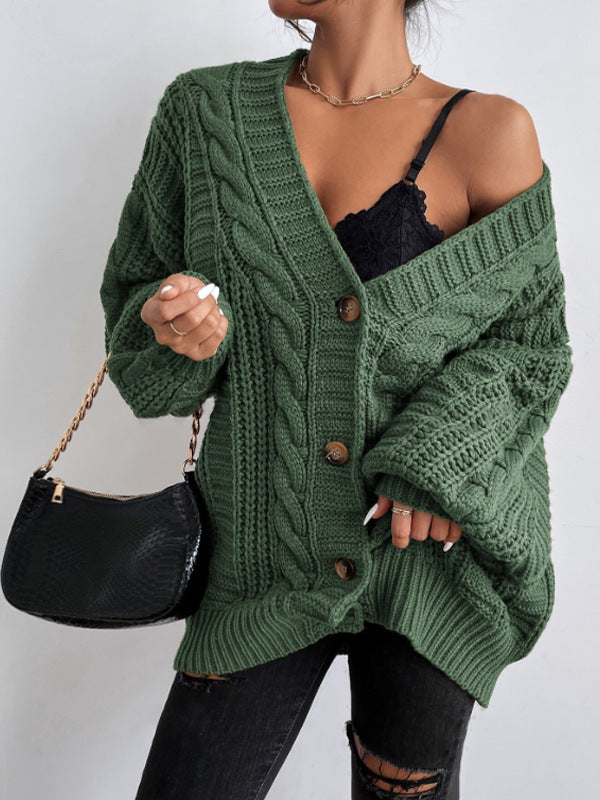 Sixmilude Loose Twist Lantern Sleeve Cardigan Knitted Coat