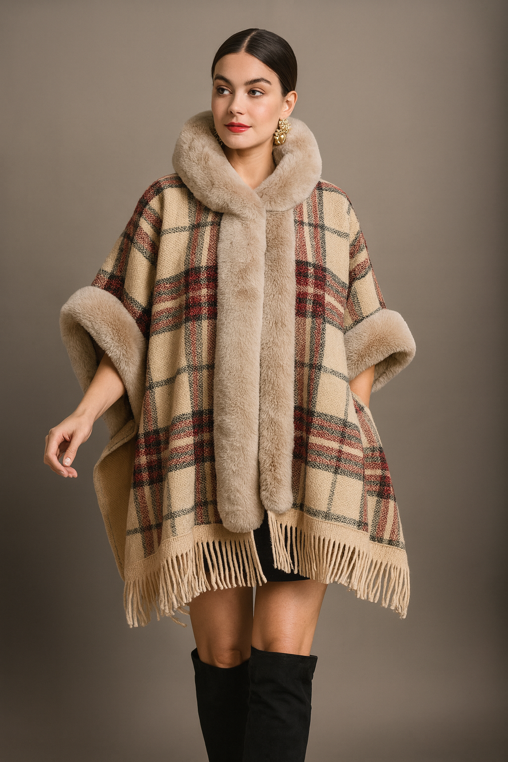 Loose Plaid Plus Cashmere Fur Collar Knitted Inverness