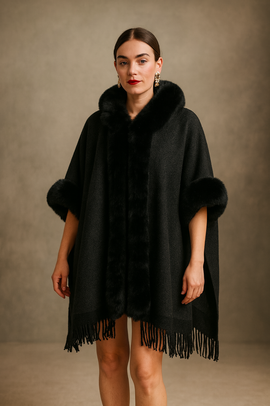 Loose Plaid Plus Cashmere Fur Collar Knitted Inverness