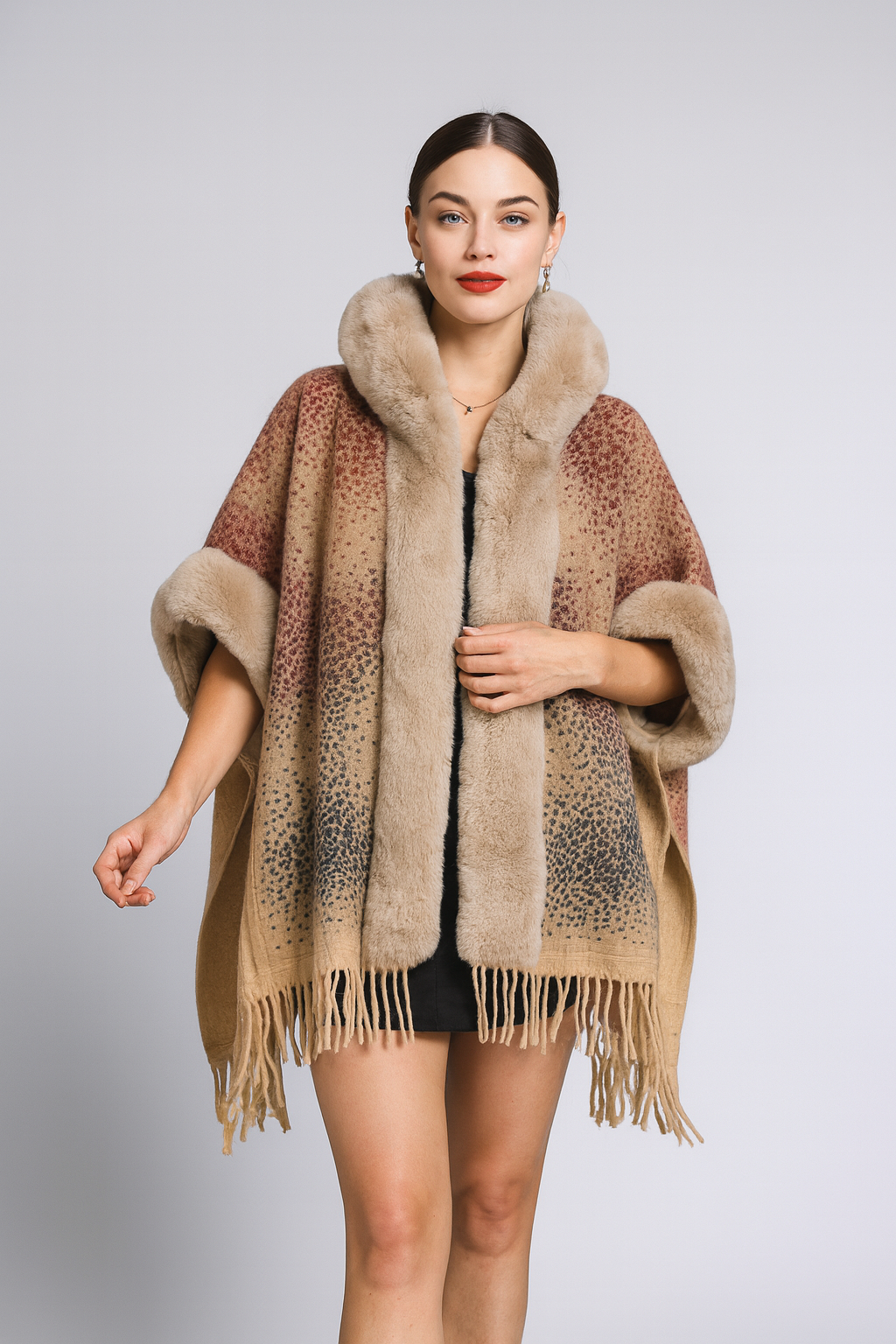 Loose Plaid Plus Cashmere Fur Collar Knitted Inverness