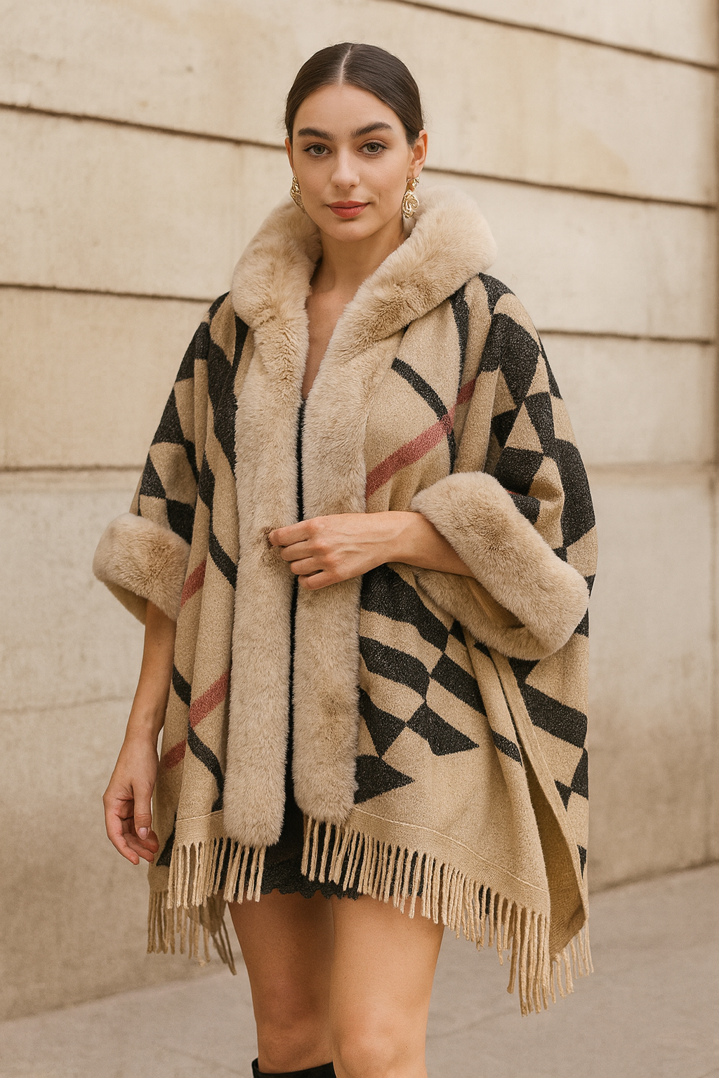 Loose Plaid Plus Cashmere Fur Collar Knitted Inverness