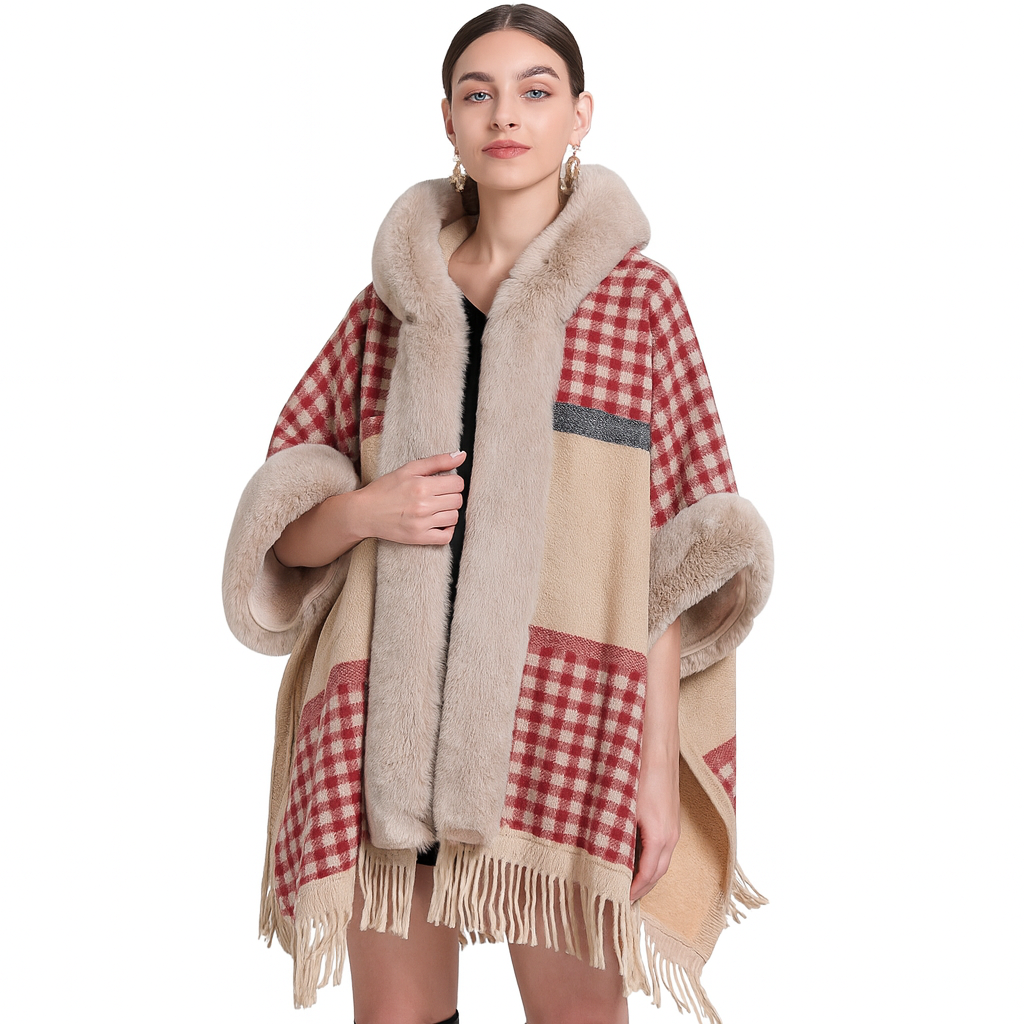 Loose Plaid Plus Cashmere Fur Collar Knitted Inverness