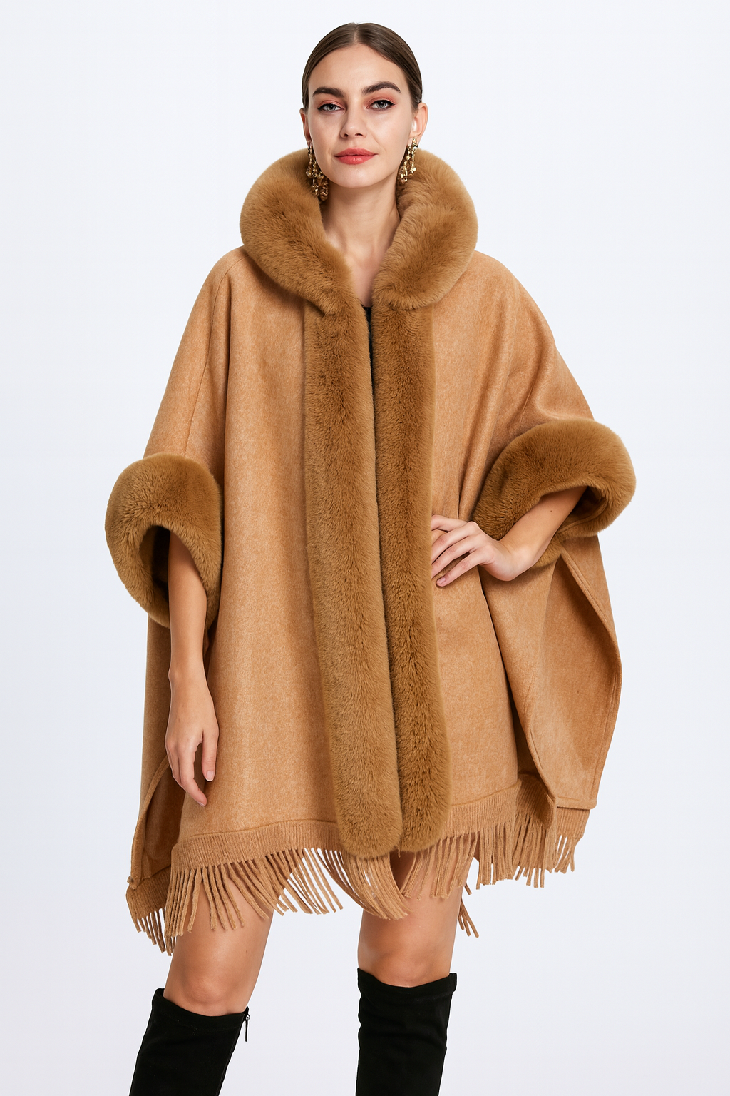 Loose Plaid Plus Cashmere Fur Collar Knitted Inverness