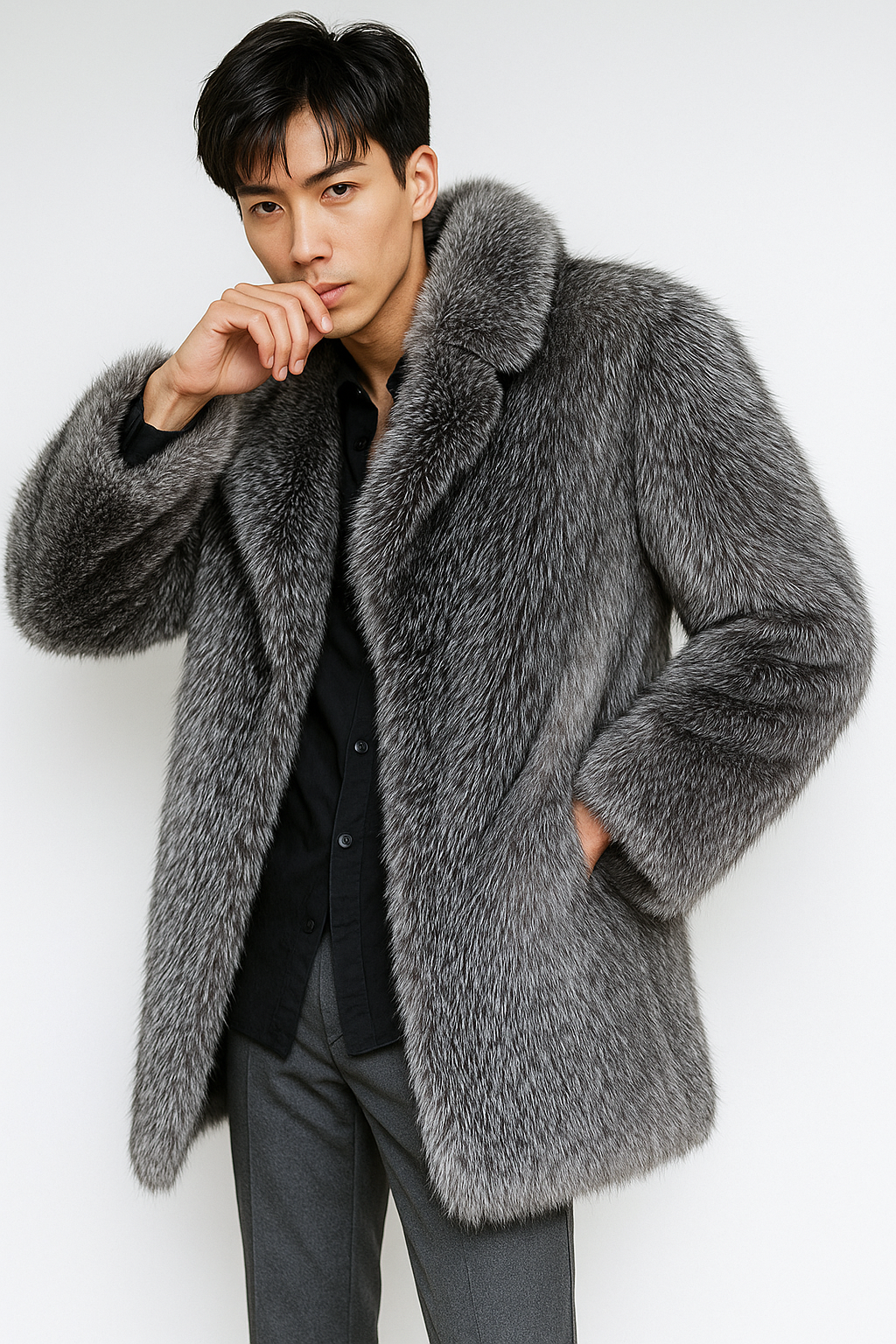Sixmilude Men's Long Warm Mink Silver Fur Coat