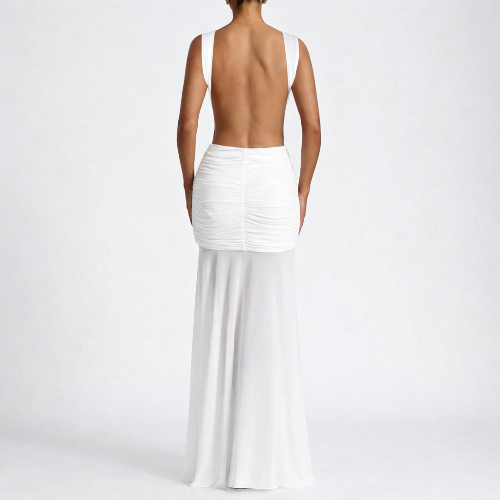 Luna White Ruched Maxi Dress