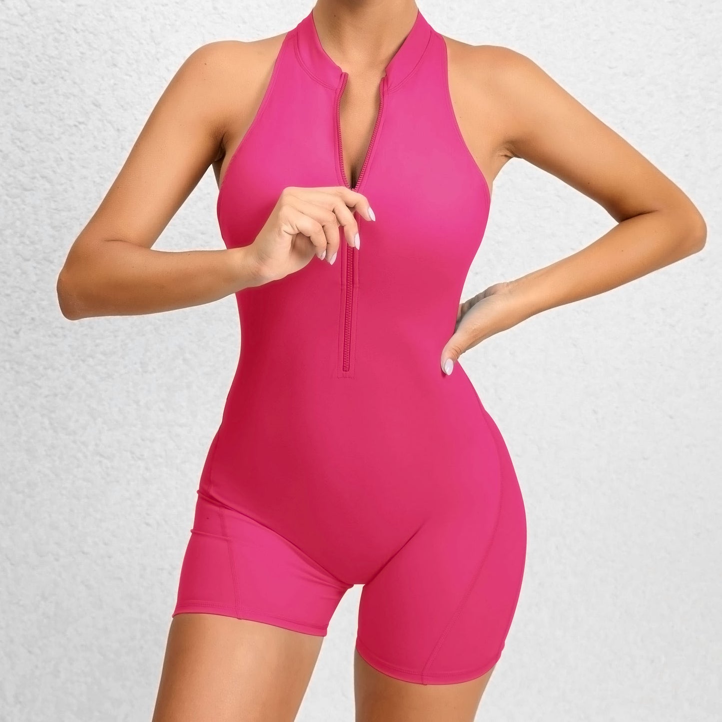 Women’s Zip Front Workout Romper – Sleeveless Athletic One Piece