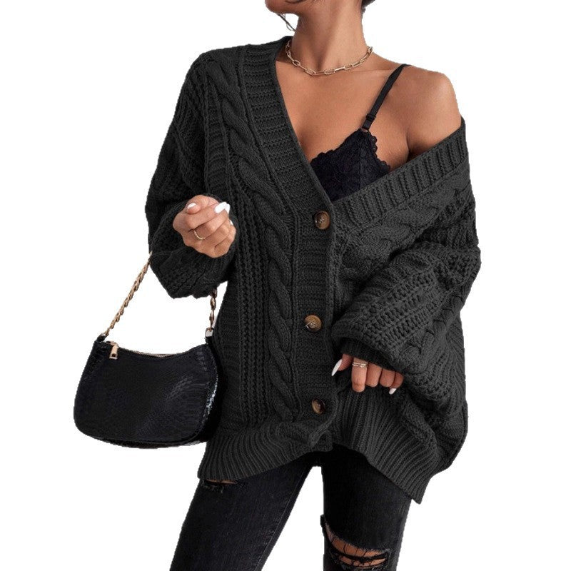 Sixmilude Loose Twist Lantern Sleeve Cardigan Knitted Coat