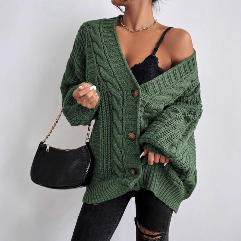 Sixmilude Loose Twist Lantern Sleeve Cardigan Knitted Coat
