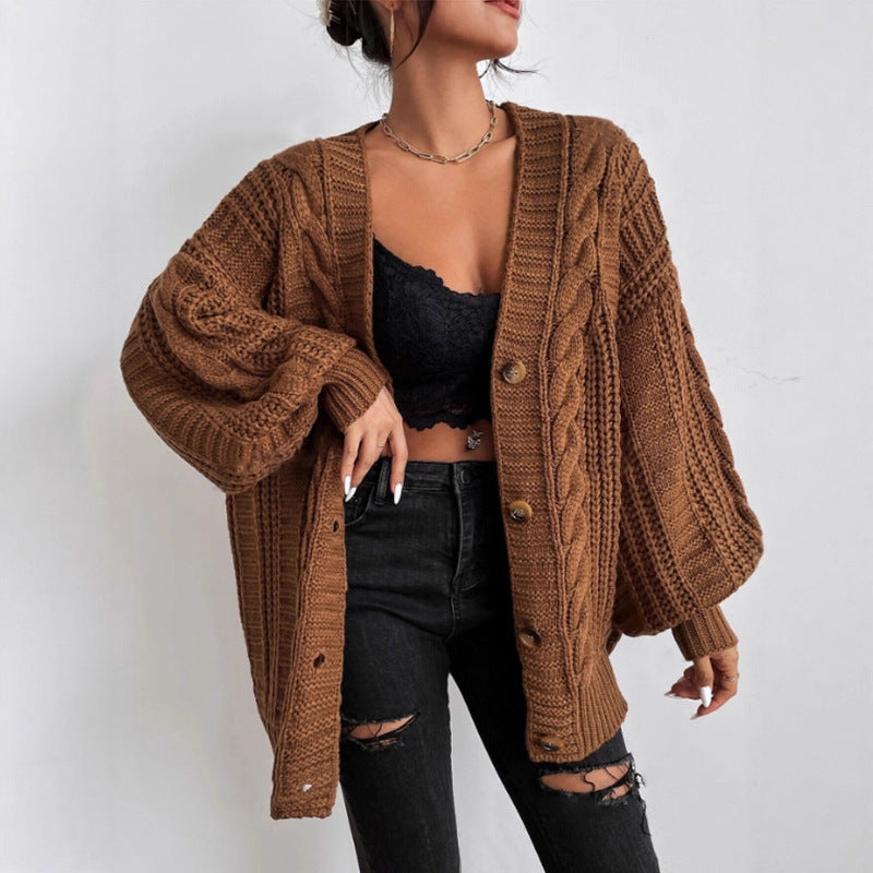 Sixmilude Loose Twist Lantern Sleeve Cardigan Knitted Coat