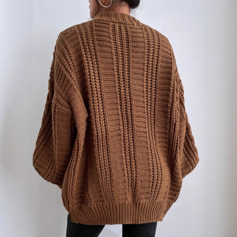 Sixmilude Loose Twist Lantern Sleeve Cardigan Knitted Coat