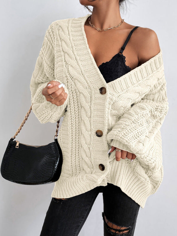 Sixmilude Loose Twist Lantern Sleeve Cardigan Knitted Coat
