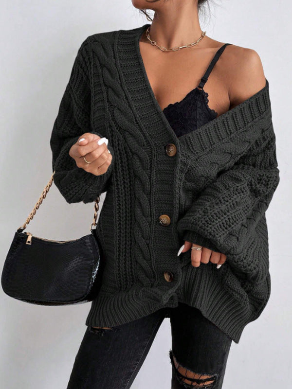 Sixmilude Loose Twist Lantern Sleeve Cardigan Knitted Coat