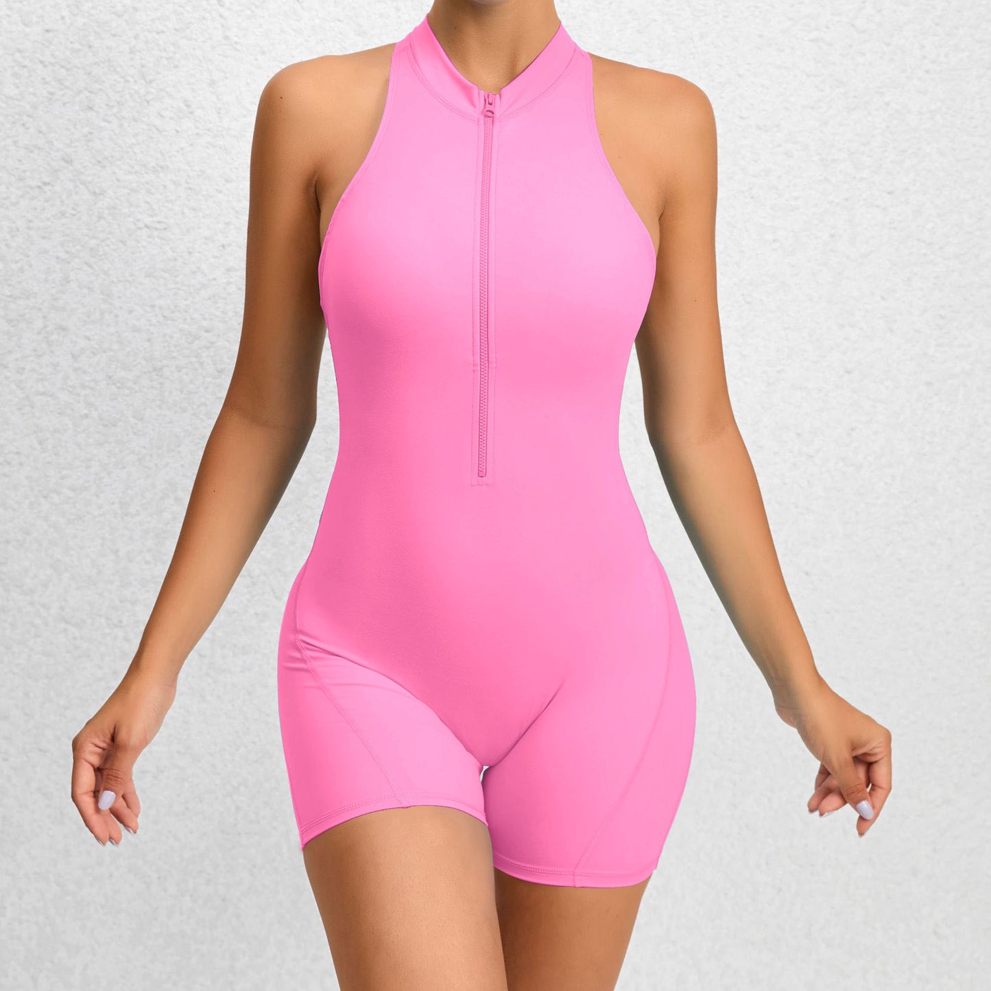 Women’s Zip Front Workout Romper – Sleeveless Athletic One Piece