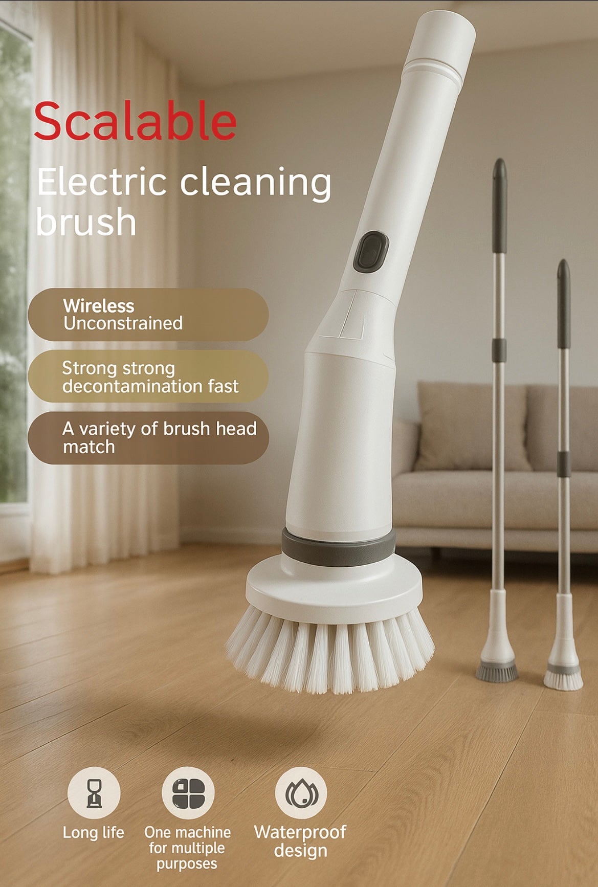 Electric Scrubber Cleaning Wall Long Handle Elbow Telescopic Multifunction Cleaning Brush