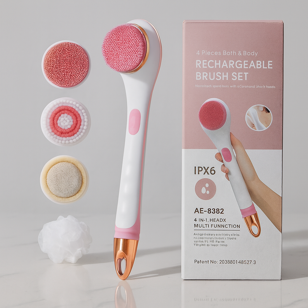 Silicone Bath Brush 4 In 1 Electric Back Scrubber 4 Brush Heads USB Rechargeable Rotating Shower Massager With 2 Speeds