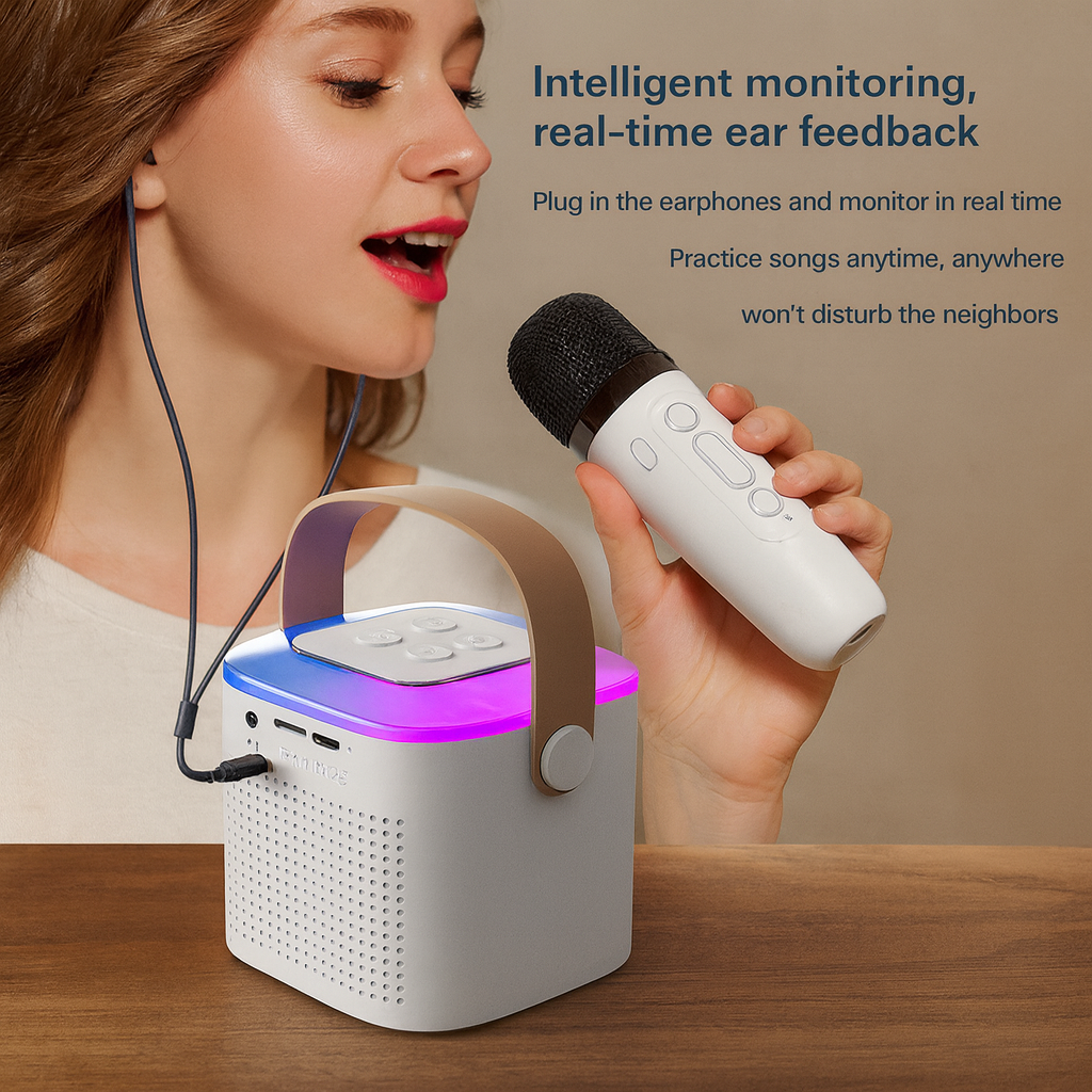Microphone Karaoke Machine Bluetooth-compatible Speaker With 2 Wireless Mic RGB Light Home Family Singing Speaker