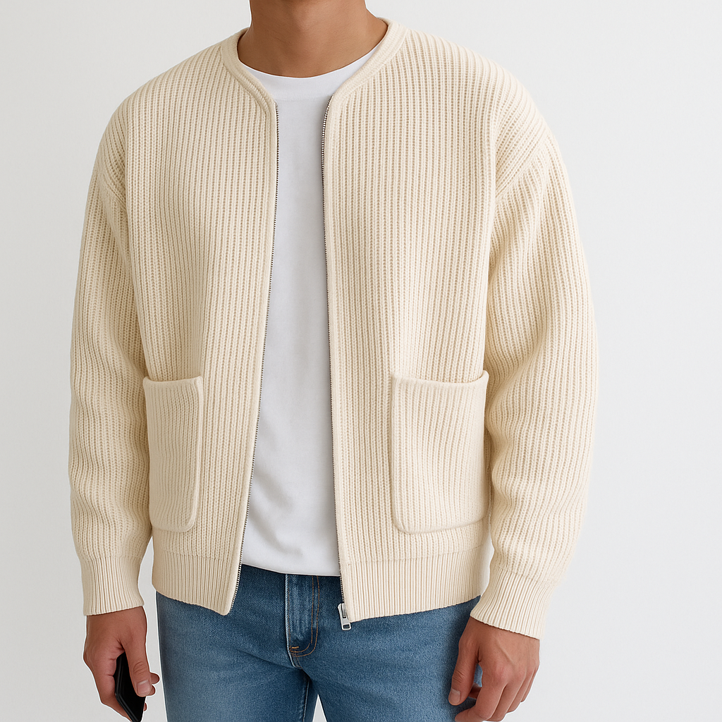 Men Zip Up Knitted Cardigan Lined Funnel Neck Jumper Sweater Pockets Coat All Seasons Comfortable Soft Long Sleeve