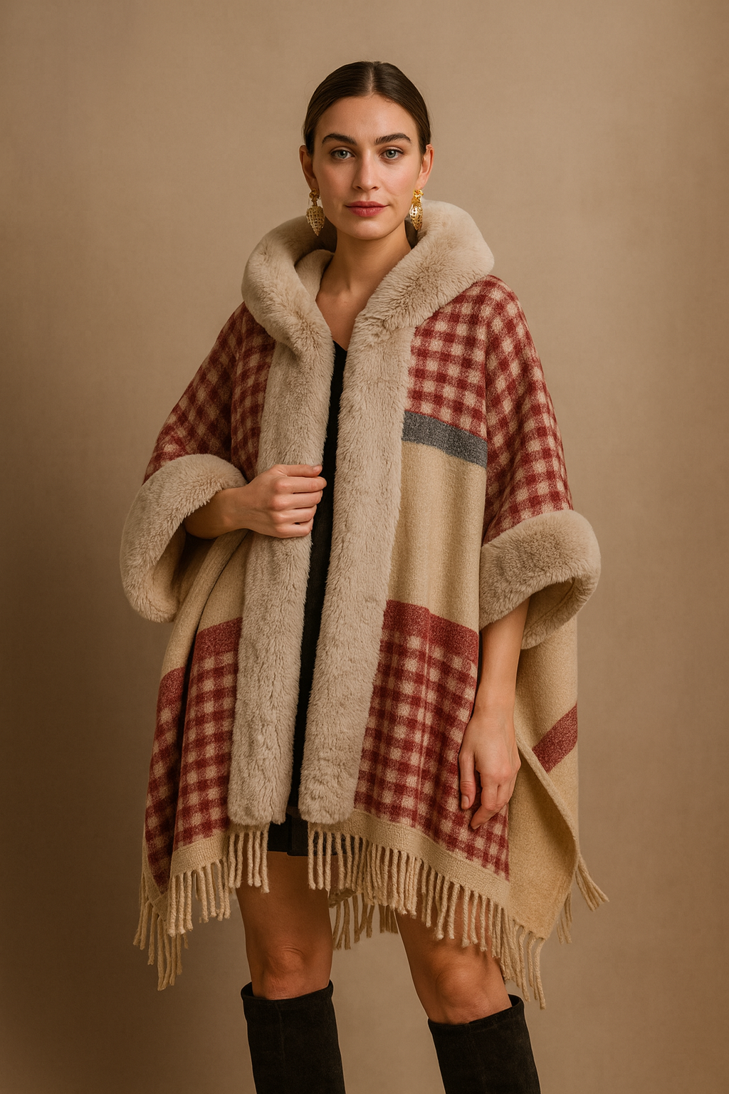 Loose Plaid Plus Cashmere Fur Collar Knitted Inverness