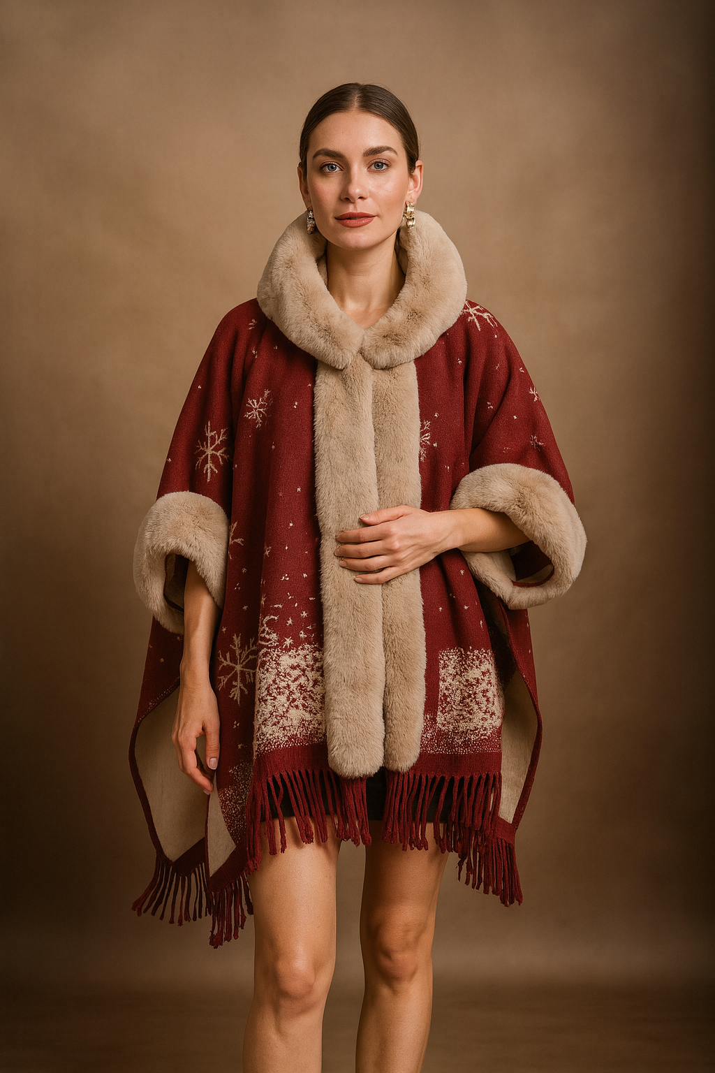 Loose Plaid Plus Cashmere Fur Collar Knitted Inverness