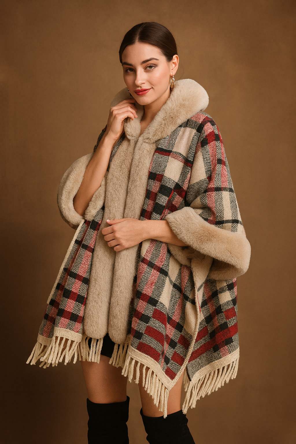 Loose Plaid Plus Cashmere Fur Collar Knitted Inverness