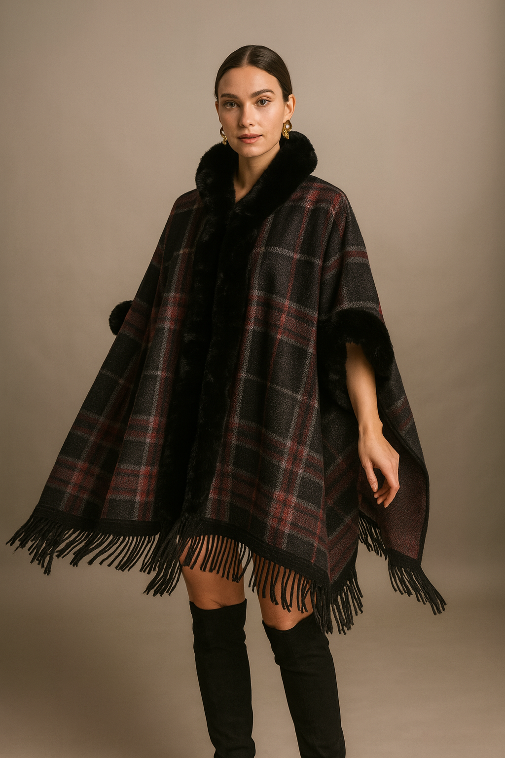 Loose Plaid Plus Cashmere Fur Collar Knitted Inverness