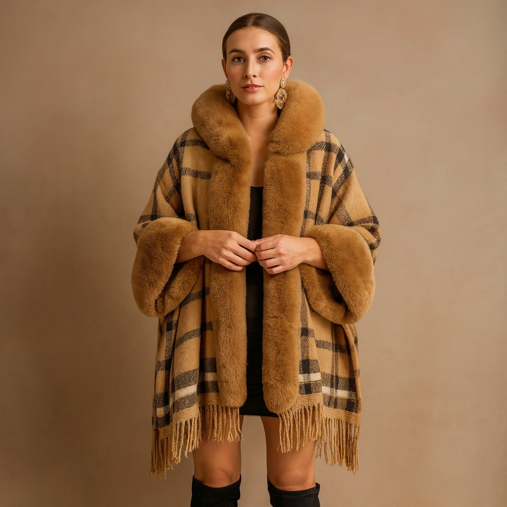 Loose Plaid Plus Cashmere Fur Collar Knitted Inverness