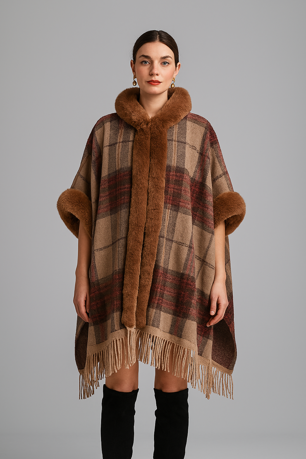 Loose Plaid Plus Cashmere Fur Collar Knitted Inverness