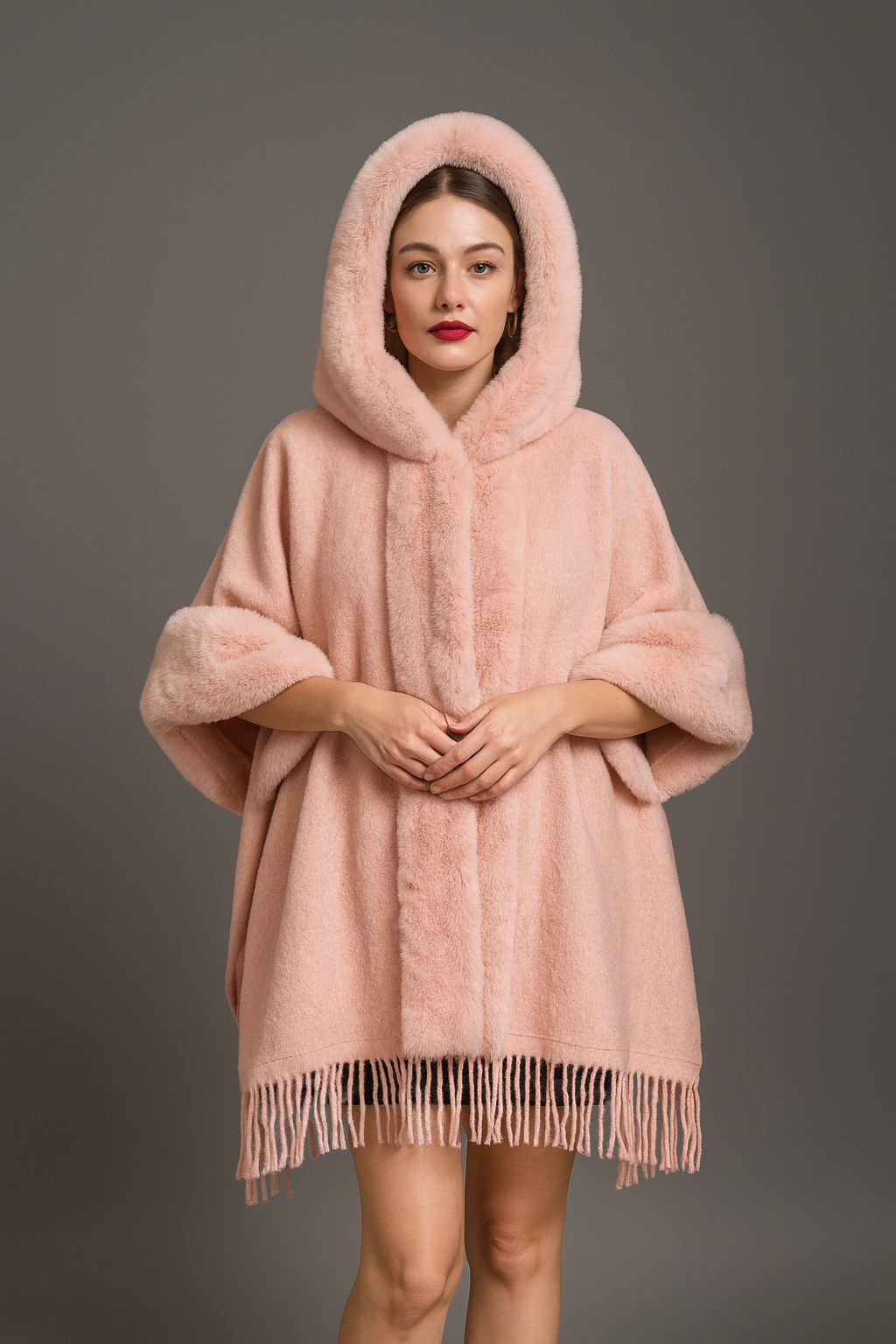 Loose Plaid Plus Cashmere Fur Collar Knitted Inverness
