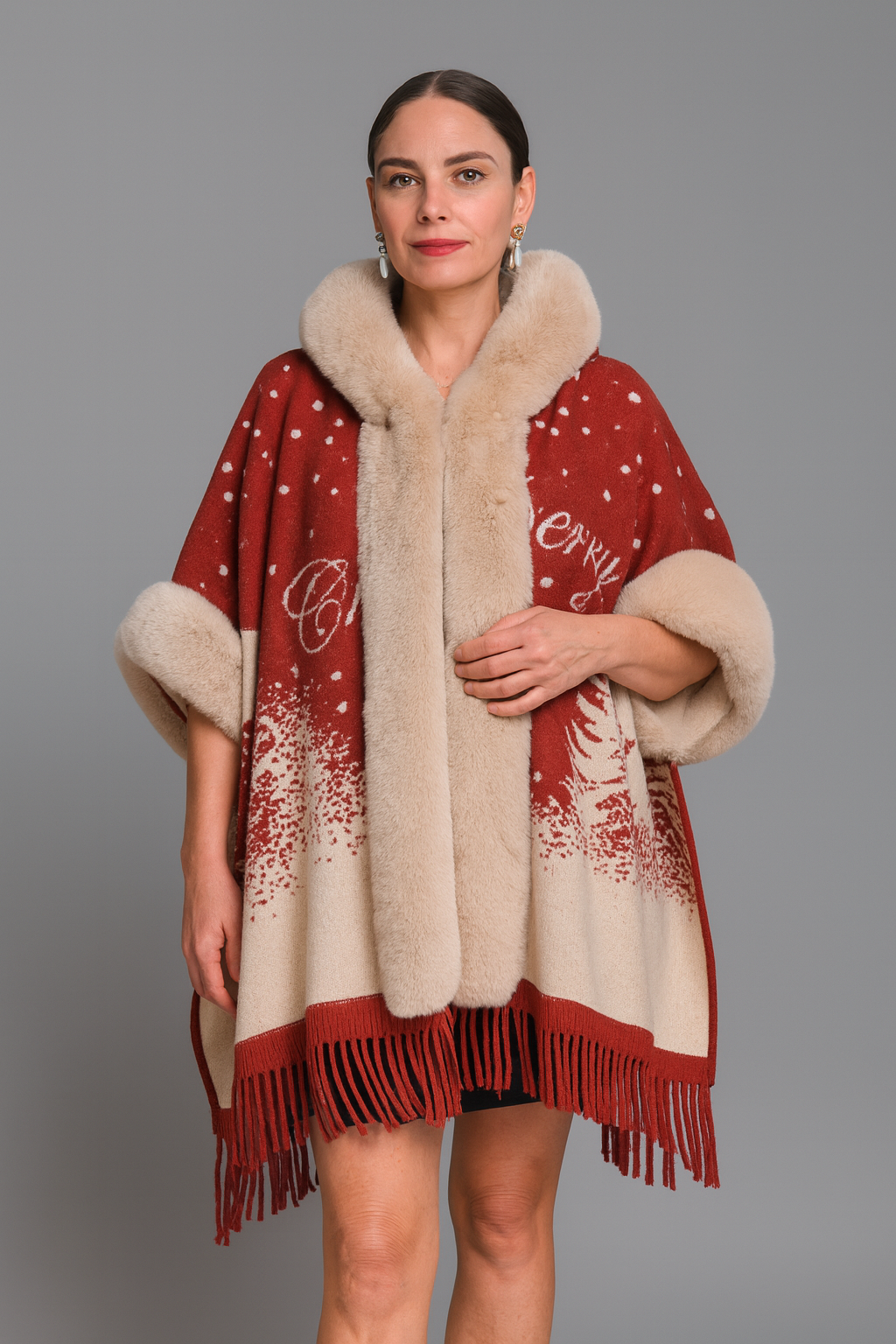 Loose Plaid Plus Cashmere Fur Collar Knitted Inverness