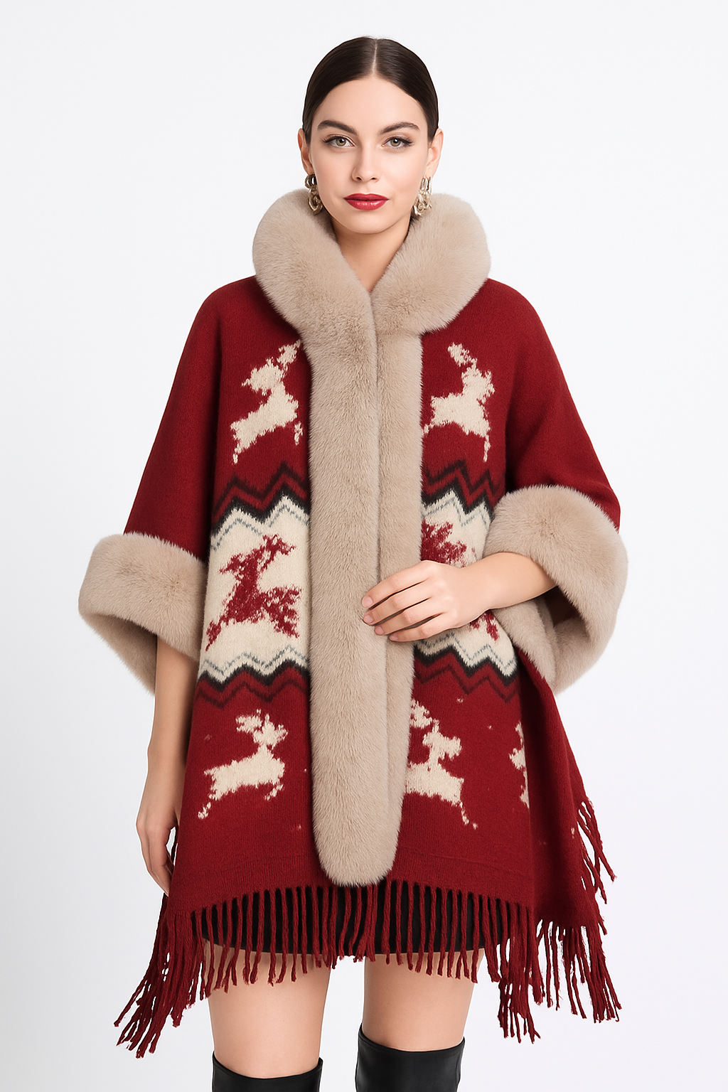 Loose Plaid Plus Cashmere Fur Collar Knitted Inverness