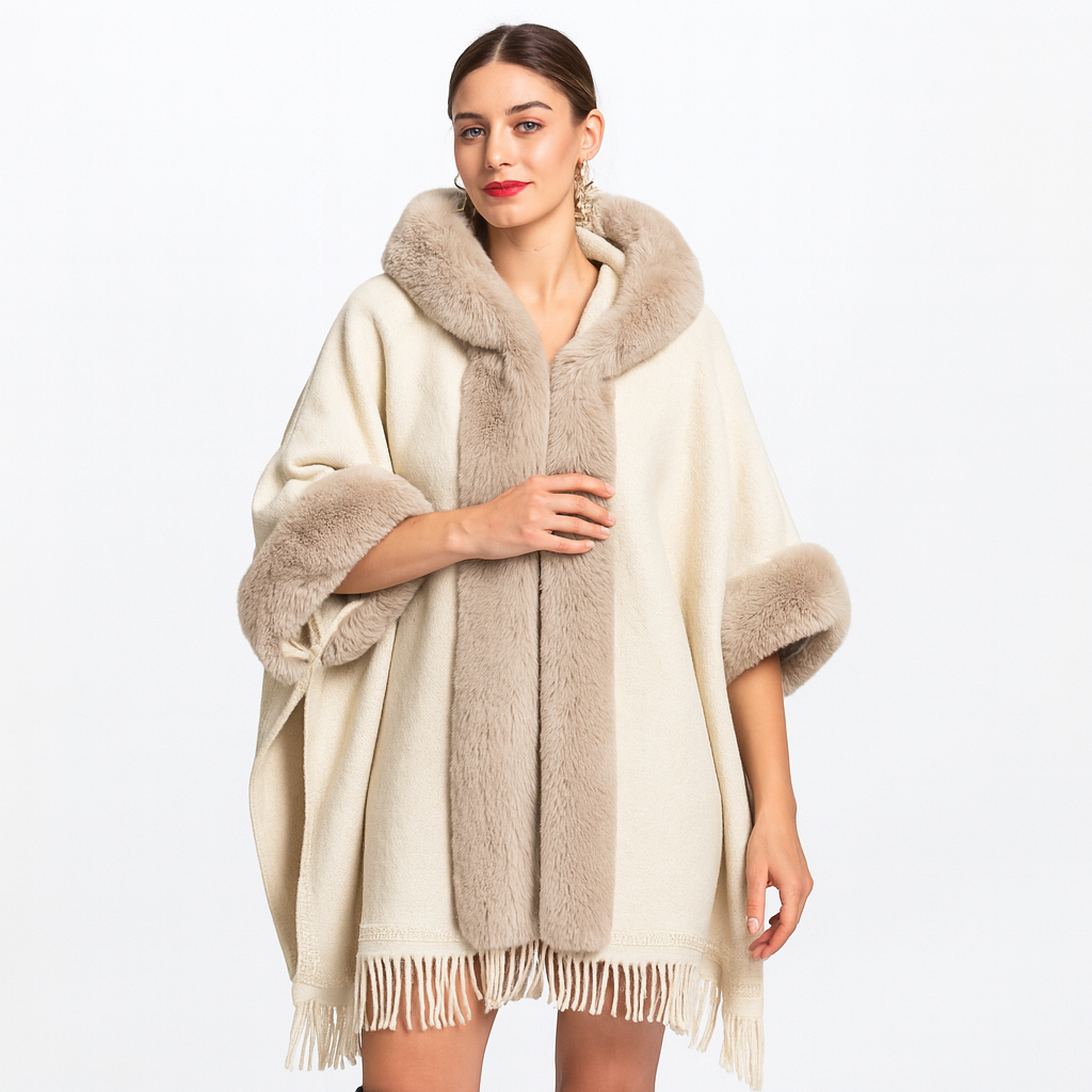 Loose Plaid Plus Cashmere Fur Collar Knitted Inverness