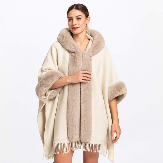 Loose Plaid Plus Cashmere Fur Collar Knitted Inverness