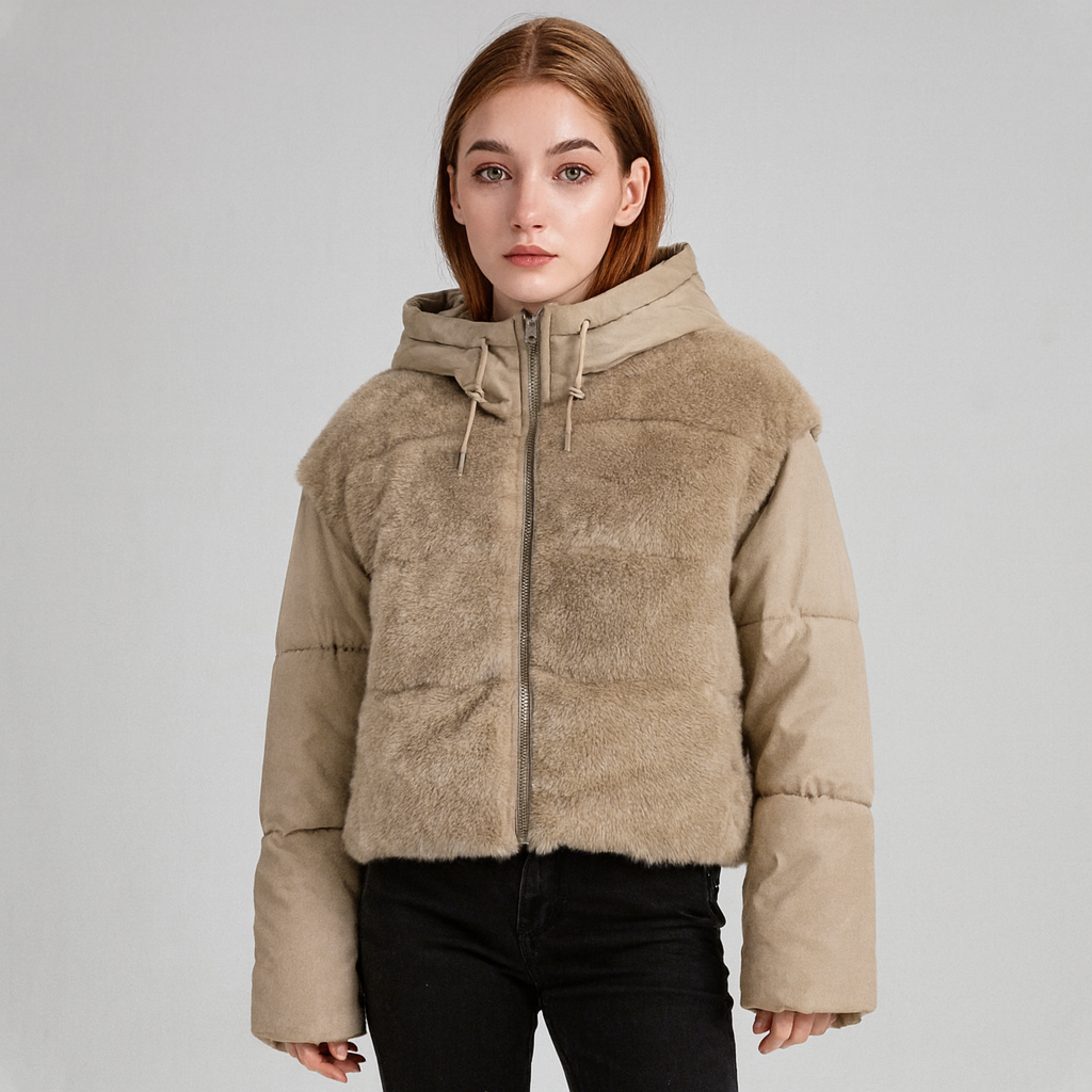 New Style Fur Patchwork Women's Coat For Women Winter Short Style Fashionable High Waist Warm Cotton Coat