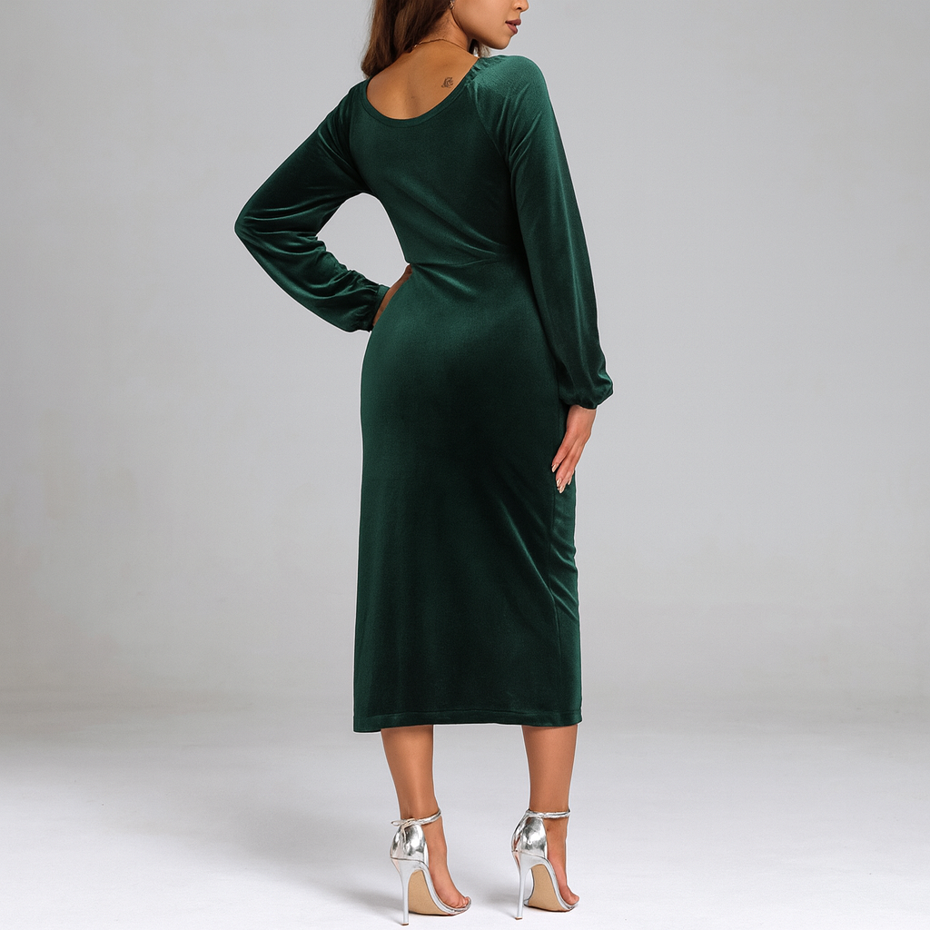 Sixmilude V-neck Velvet Dress Pleated Split Dress