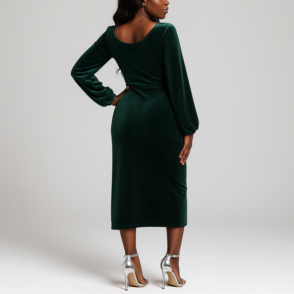 Sixmilude V-neck Velvet Dress Pleated Split Dress