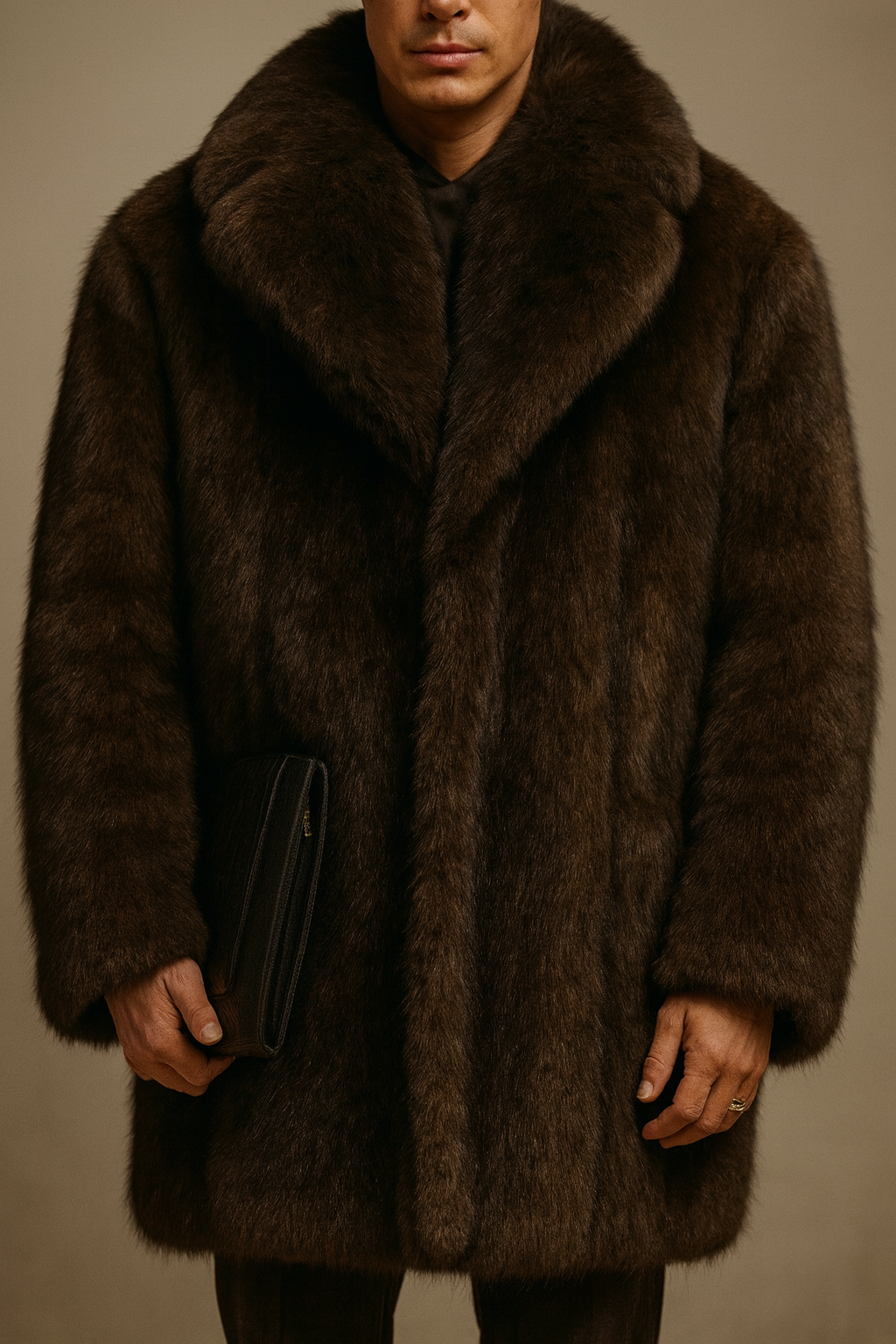 Sixmilude Men's Warm Mid-length dark brown fur coat