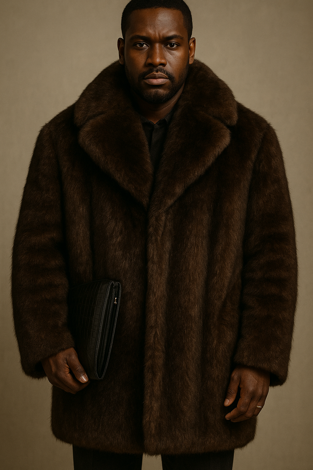 Sixmilude Men's Warm Mid-length dark brown fur coat