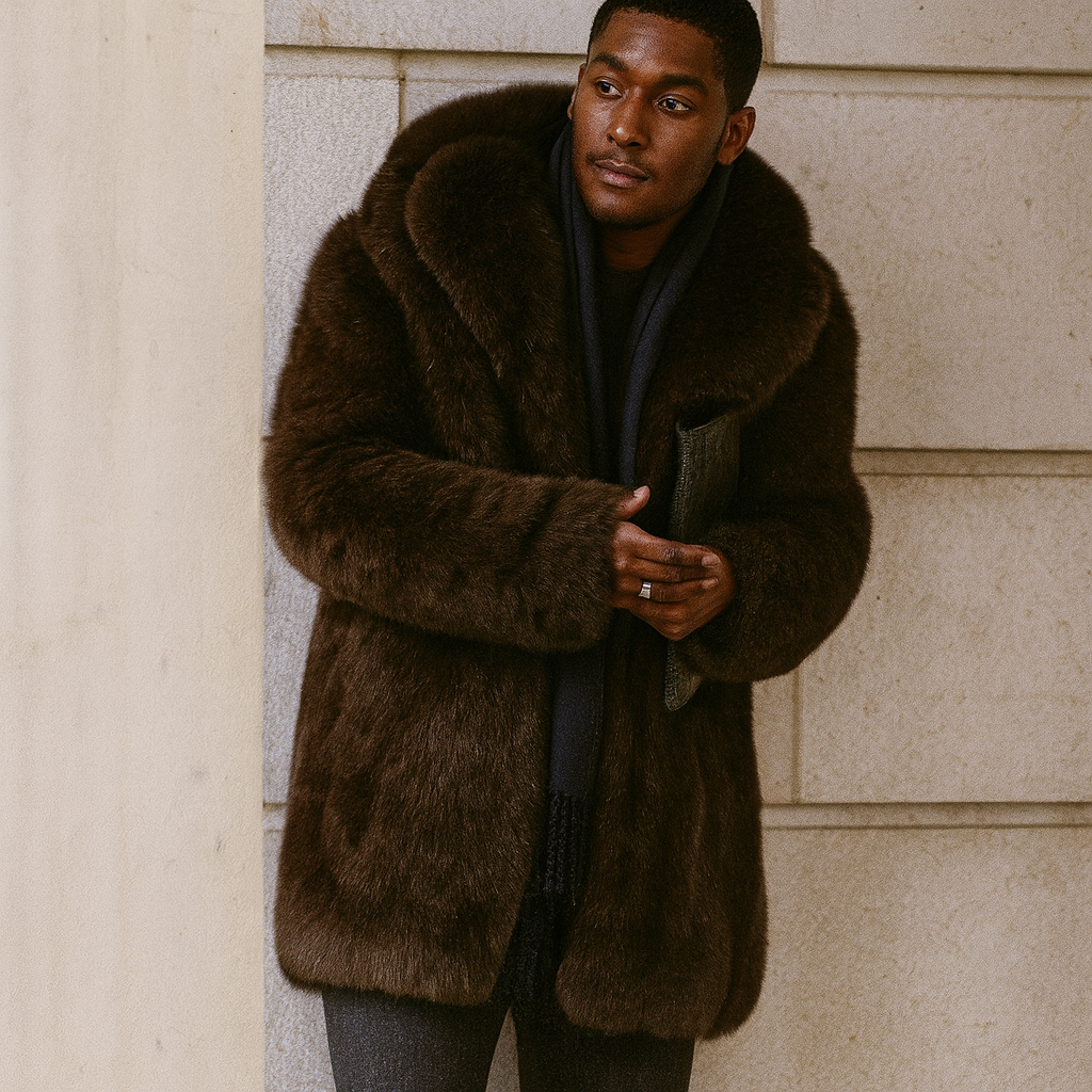 Sixmilude Men's Warm Mid-length dark brown fur coat