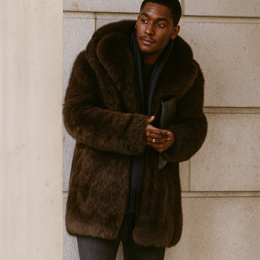 Sixmilude Men's Warm Mid-length dark brown fur coat