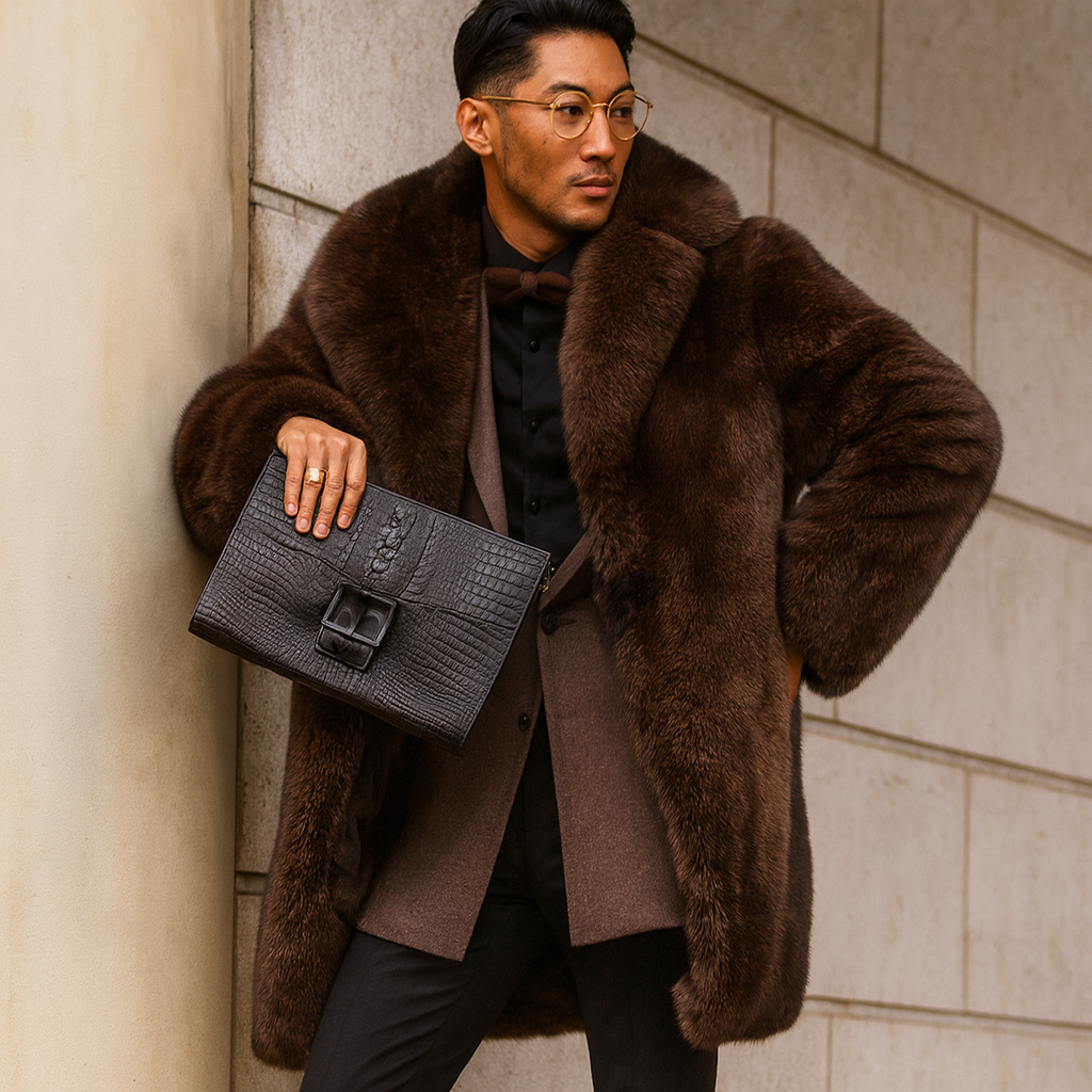 Sixmilude Men's Warm Mid-length dark brown fur coat