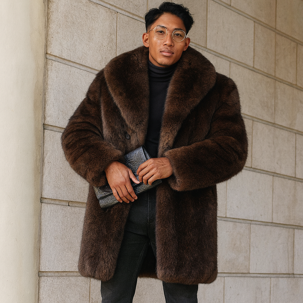 Sixmilude Men's Warm Mid-length dark brown fur coat