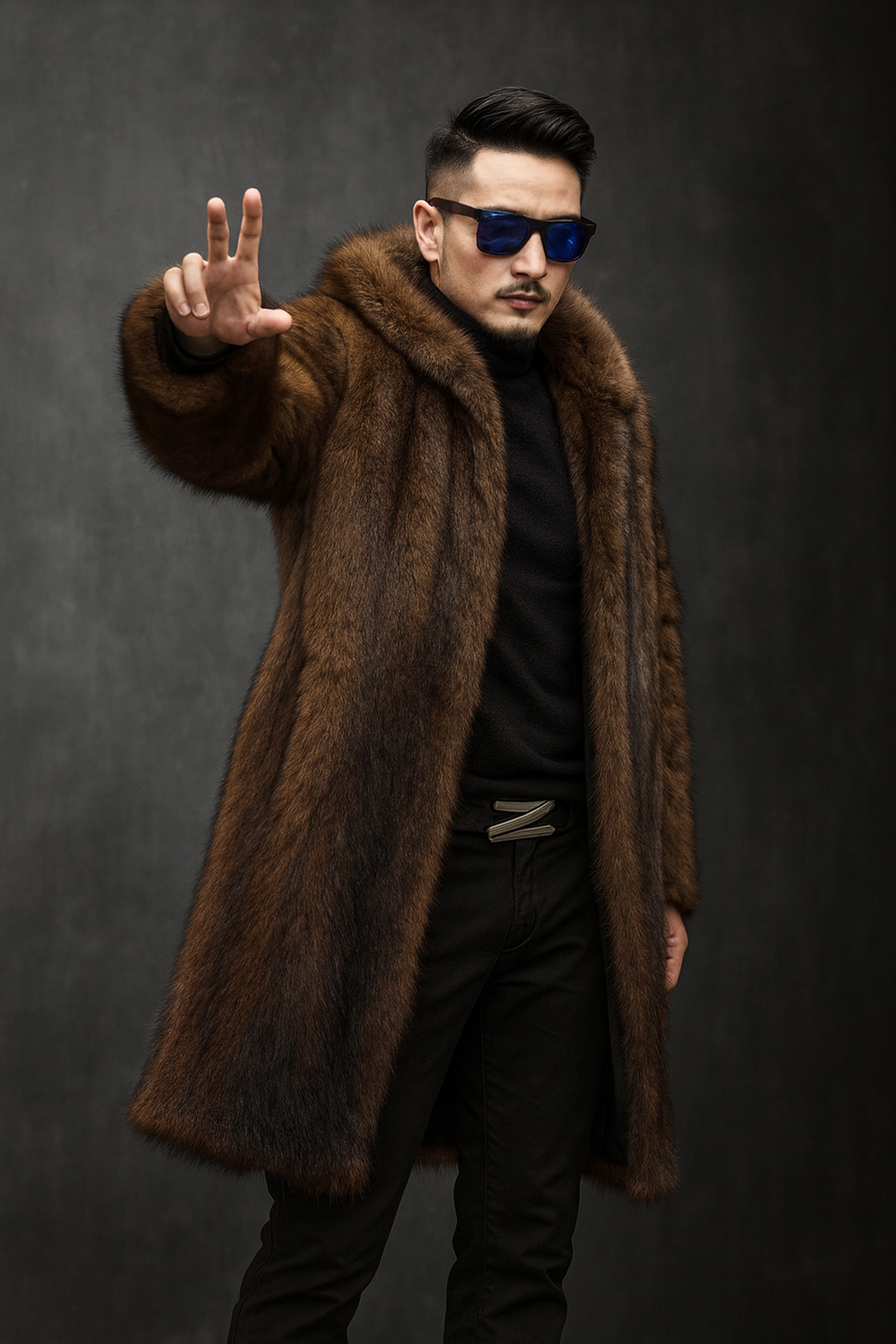 Sixmilude Men's Long Warm Mink Brown Fur Coat