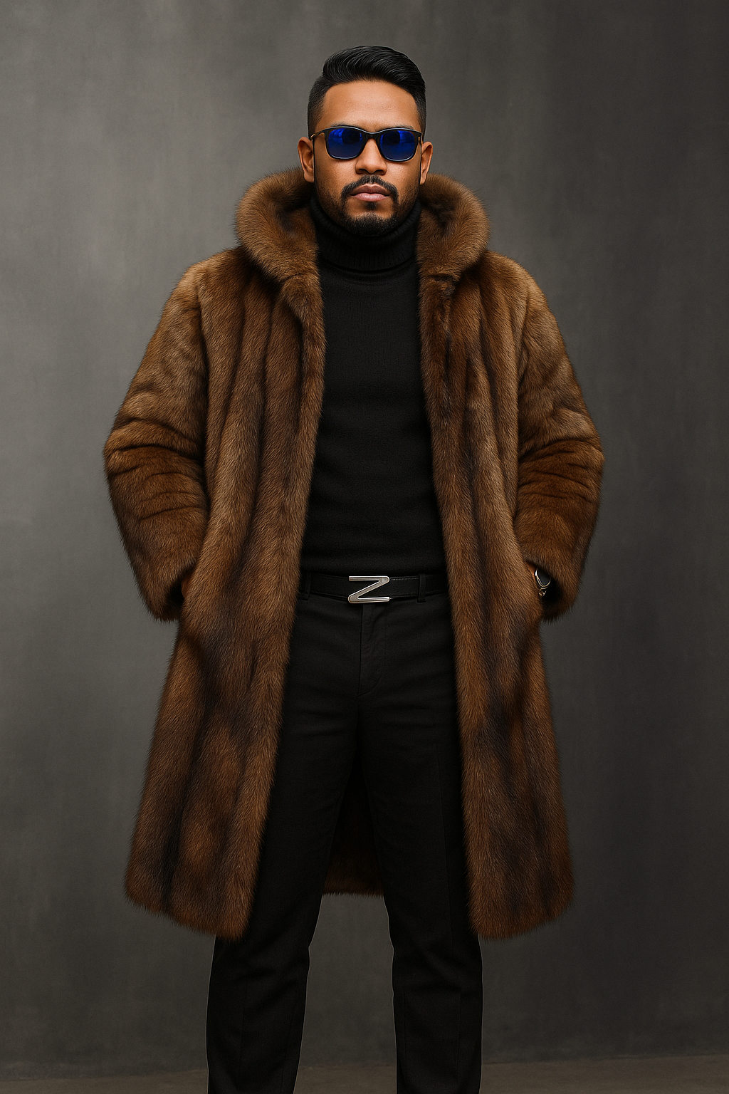 Sixmilude Men's Long Warm Mink Brown Fur Coat