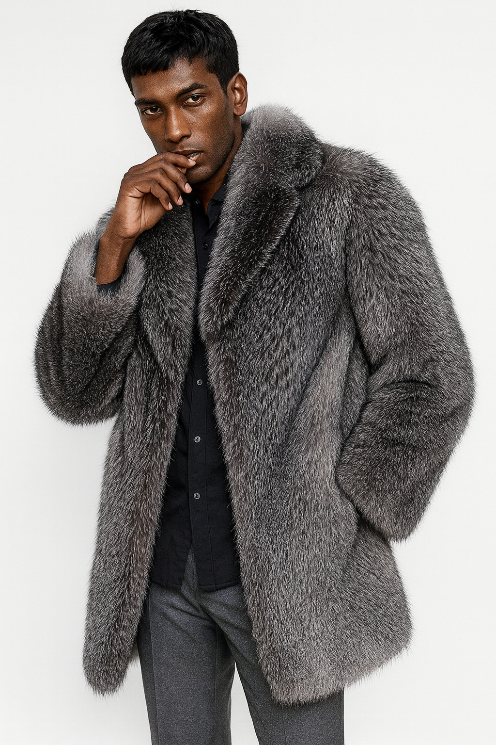 Sixmilude Men's Long Warm Mink Silver Fur Coat