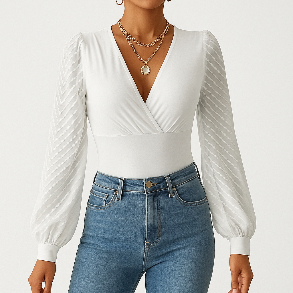 Sixmilude Aura Chiffon Wrap Top — Elegant Sheer-Sleeve Long Sleeve Blouse