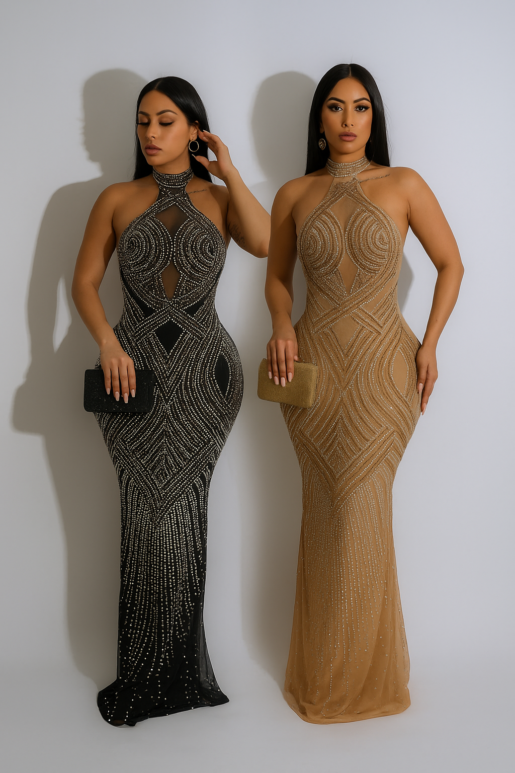 Sixmilude Pure Color Mesh Halter Maxi Dress