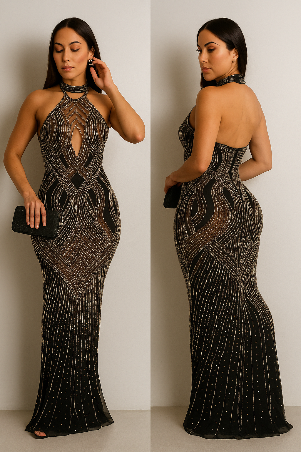 Sixmilude Pure Color Mesh Halter Maxi Dress