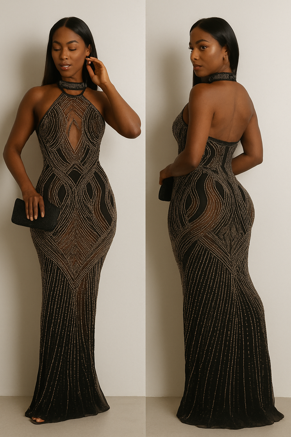 Sixmilude Pure Color Mesh Halter Maxi Dress