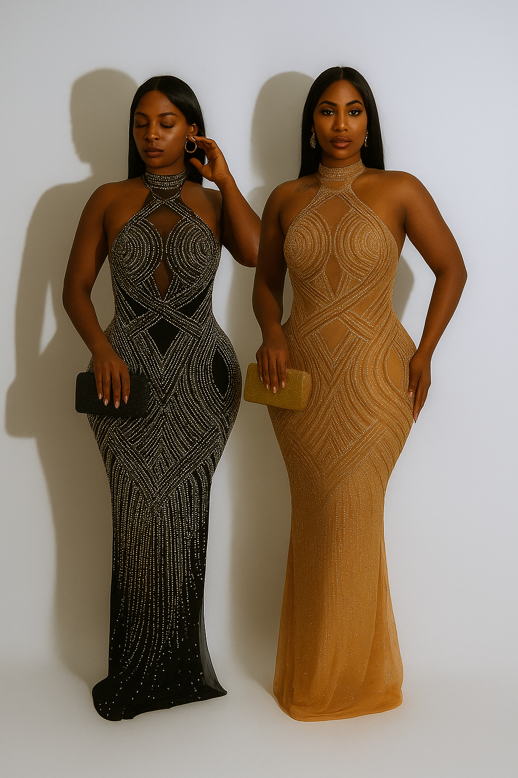 Sixmilude Pure Color Mesh Halter Maxi Dress