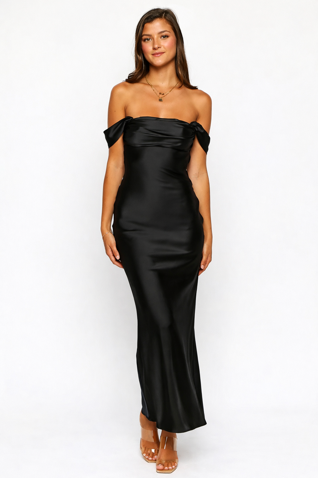 Ella Off-Shoulder Satin Maxi Dress (Backless Formal Look)